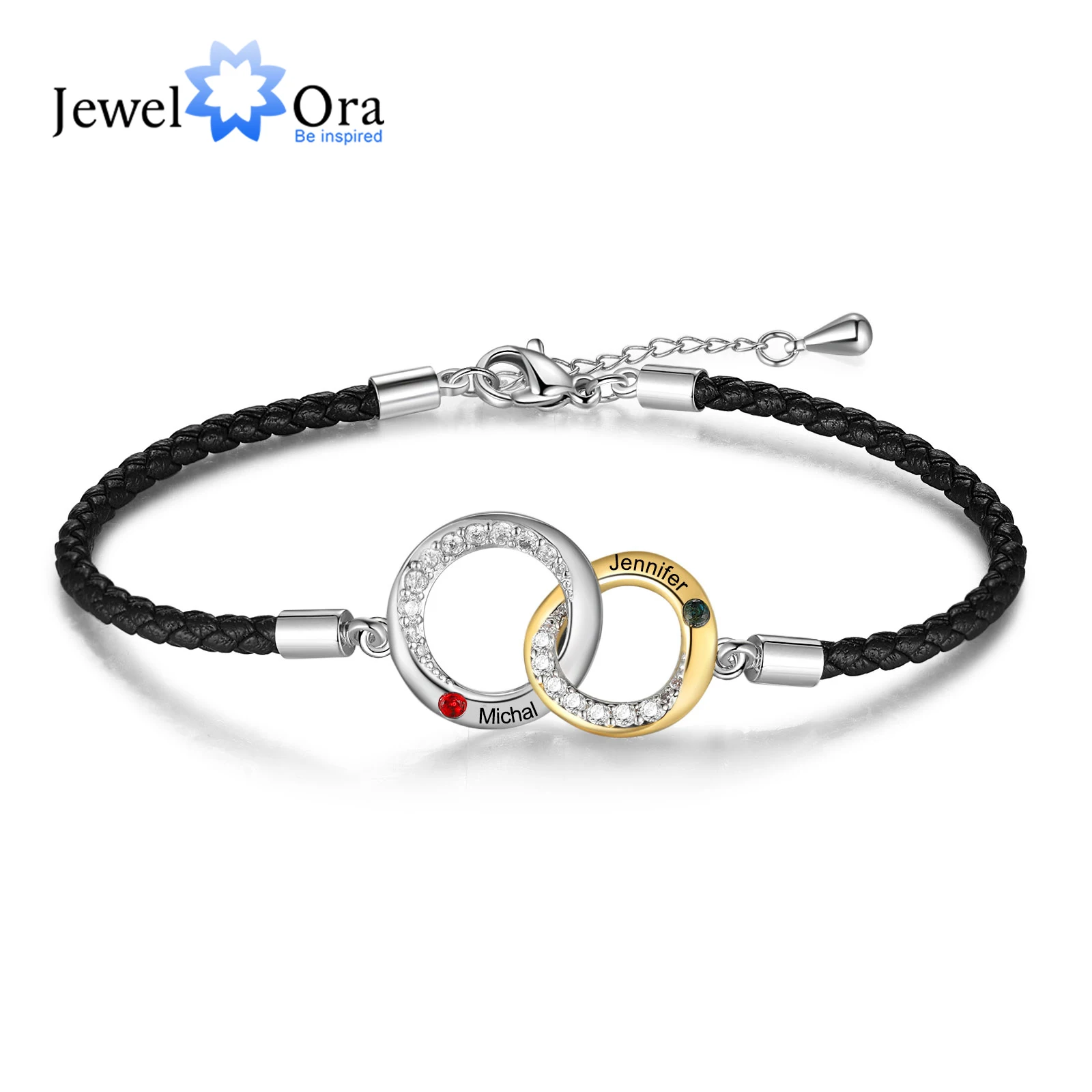 JewelOra Personalized Engraving Couple Name Bracelet Customized Black Leather Rope Interlocked Knot Bracelets Mothers Day Gifts