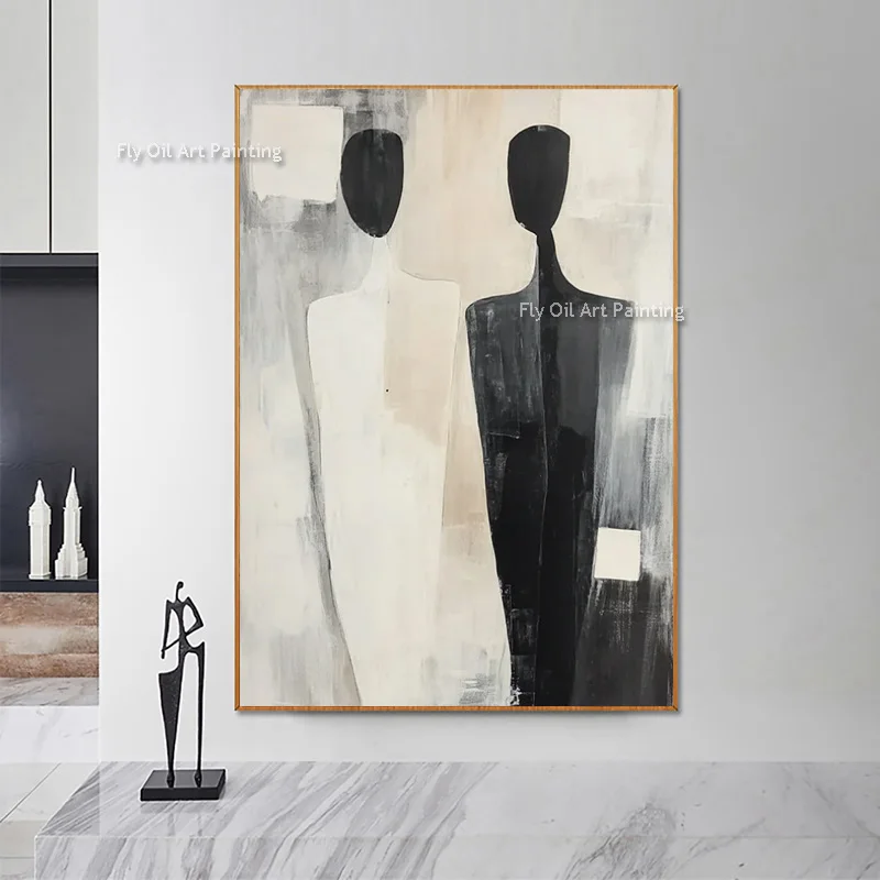 Black Beige Abstract People Wall Art Handmade New Original Design Yellow Human Oil Painting Green Beige Canvas Artwork Decor