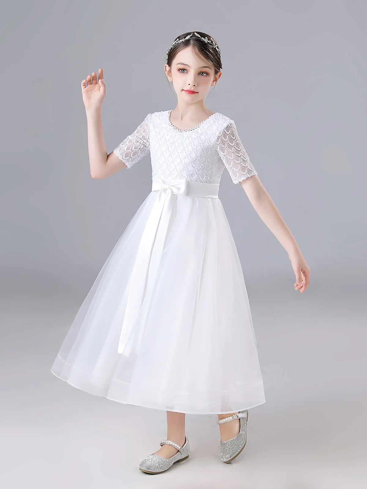 

Girls' A-line dress, white princess dress, high-end gorgeous girl's birthday party dinner dress