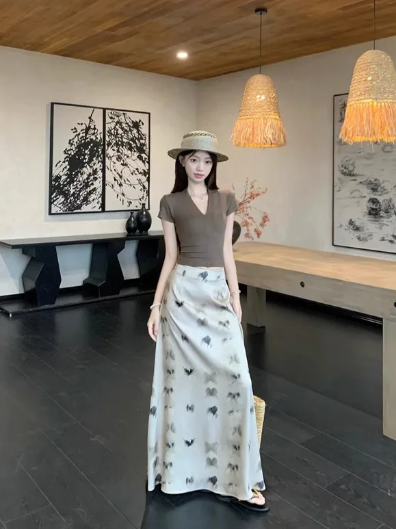 Elegant Knot Print High Waist A-Line Skirt Women's Spring New Style Slimming Long Skirt Korean Style Commute
