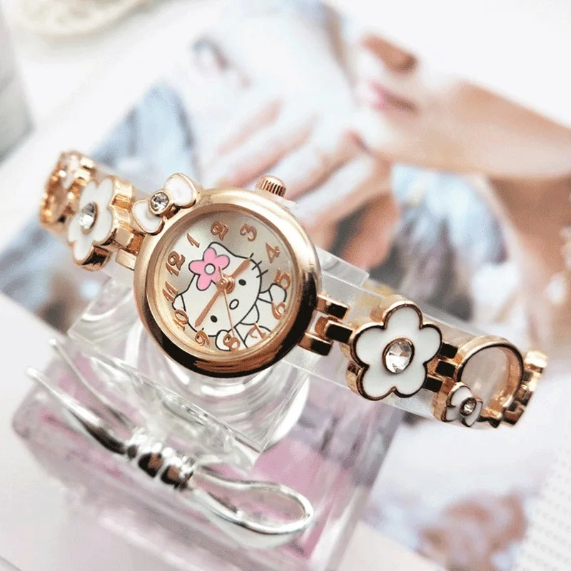 Miniso Anime Cartoon Sanrio Sweet Bow Hello Kitty Flowera Meisjes Student Quartz Horloge Kinderen Legering Riem Horloge Verjaardagscadeautjes