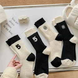 1 Pair Patchwork Woolen Socks Women Autumn Winter Thick Mid Tube Socks Embroidery Warm Cashmere Sock Black White Long Tube Socks