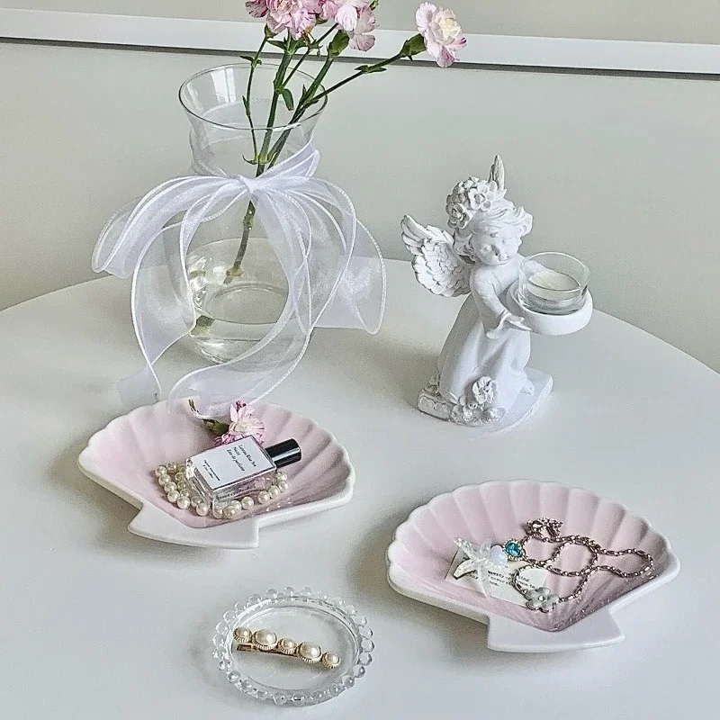 Korean INS Style Pink Girly Heart Ceramic Plate - Shell Underglaze Color Dessert/Snack Dish & Jewelry Necklace Display Tray