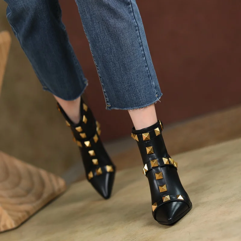 Dilalula Newest Genuine Leather Thick High Heel Rivet Short Boots Autumn Winter Pointed Toe Party Ankle Boots Office Ladies 2025