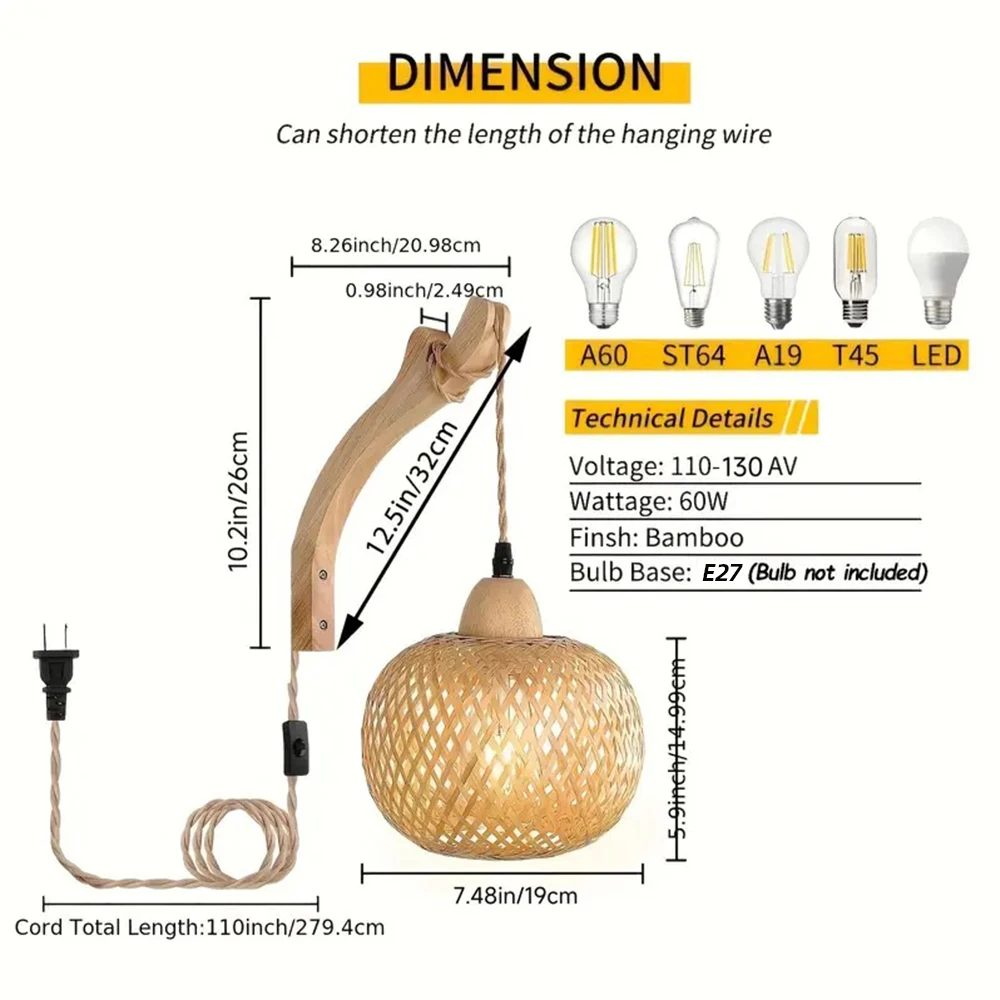 IRALAN bambusowy lampion oświetlenie ścienne naturalne rattanowe wikliny E27 ręcznie tkane bambusowe abażury oprawy oświetleniowe