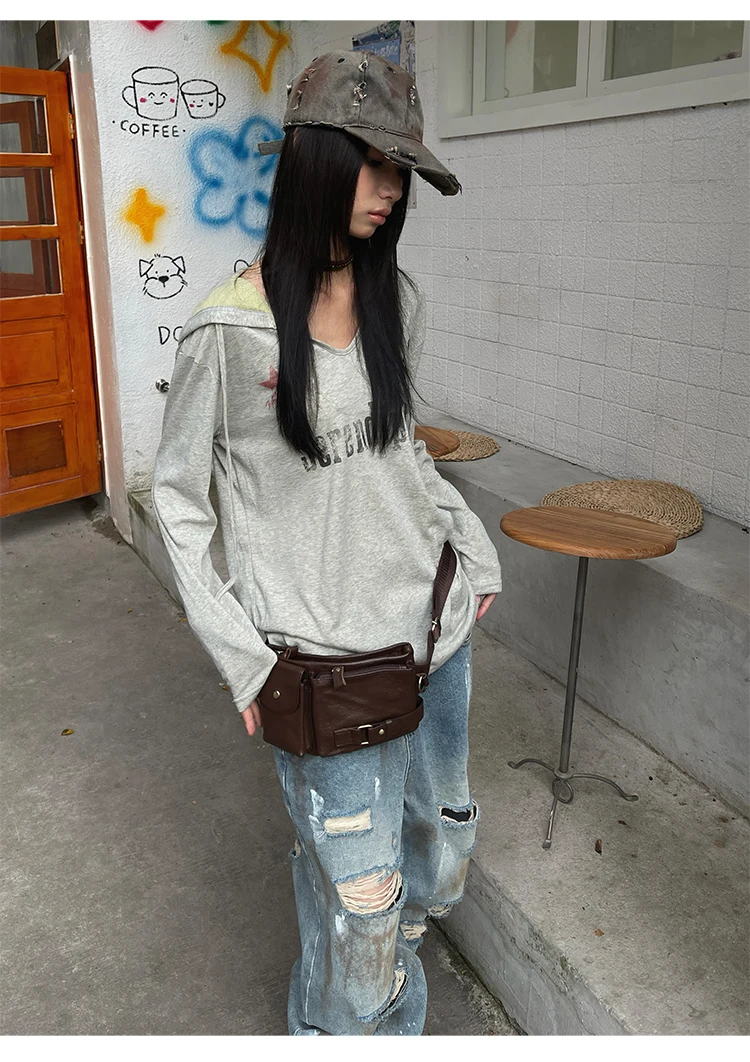 Genayooa Vintage Grafik Tops Damen Langarm Y2k Japanisches T-Shirt mit Kapuze Streetwear American Retro Grunge Tops E-Girls – Detail 9
