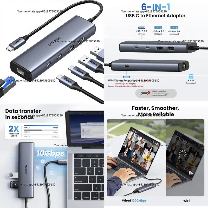 UGREEN USB-C Ethernet Adapter 10Gbps 6-in-1 Hub 2xUSB-C 3.2 USB-A 3.2/2.0 Gigabit RJ45 Power Port for Laptop XPS