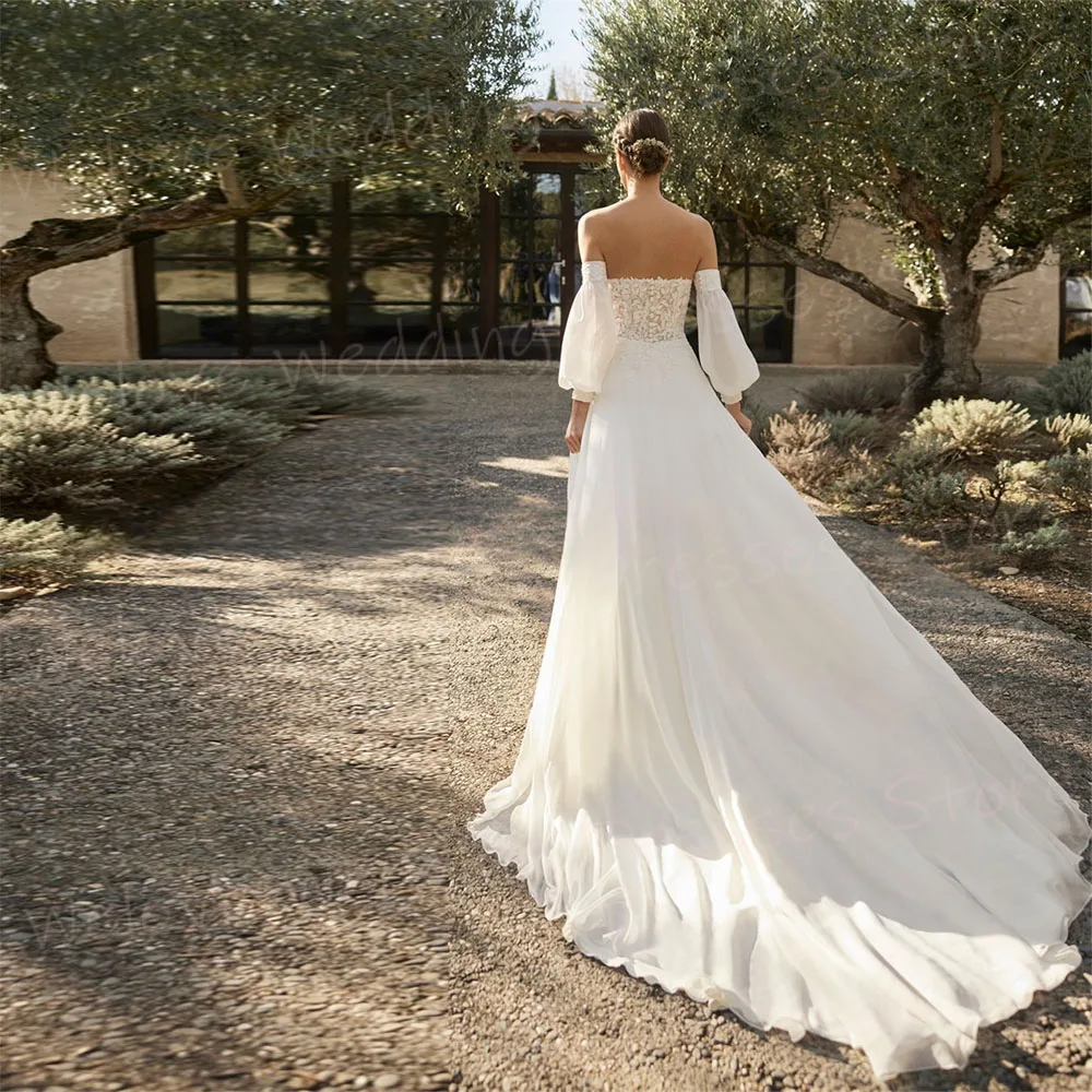 Vestidos de casamento sem alças clássicos femininos, graciosos, apliques de renda, vestidos de noiva, destacáveis, manga comprida