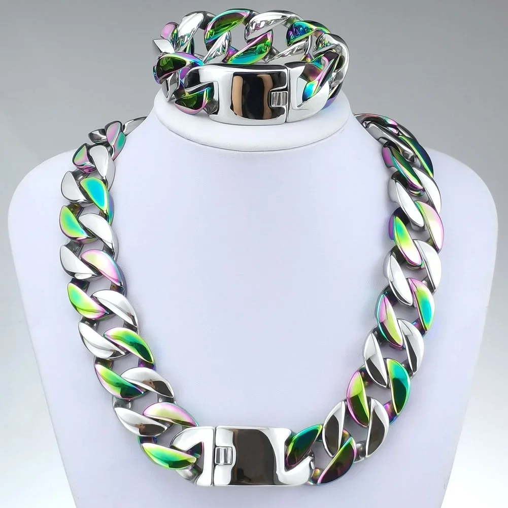 

316L Stainless Steel and Rainbow Tone Curb 24mm Solid Heavy Long Necklace + Bracelet Jewelry