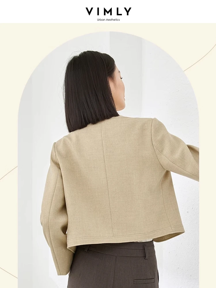 Vimly Elegant Cropped Jackets for Women 2023 Autumn Winter Fashion Office Ladies Khaki Round Neck Female Short Coats M5006