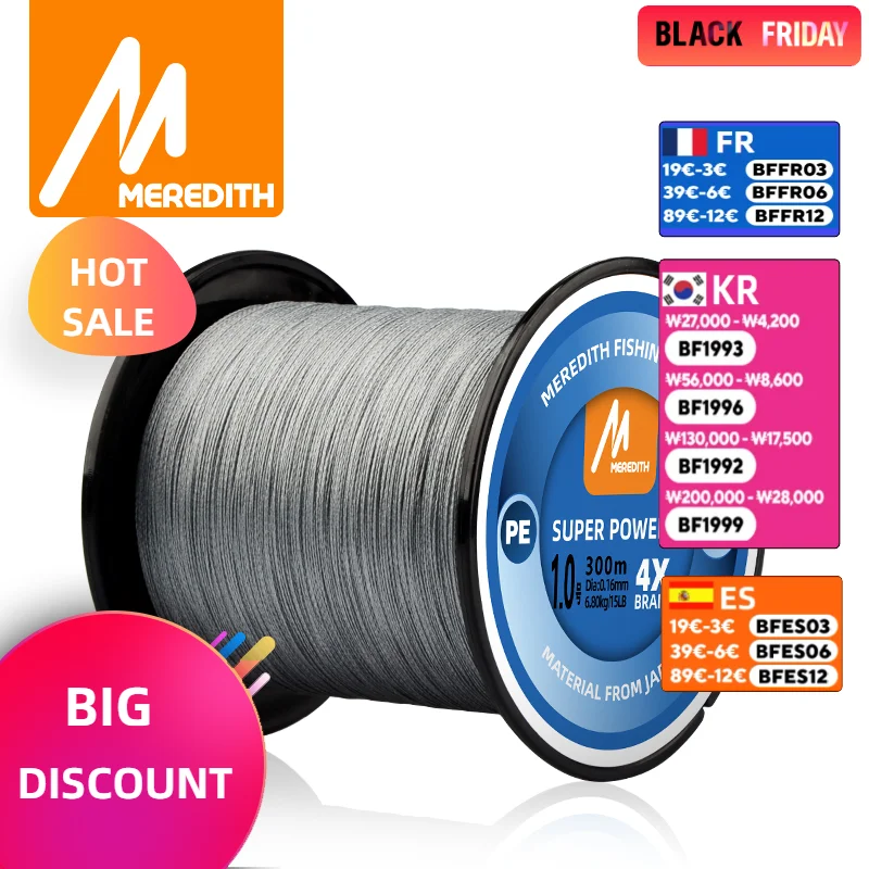 MEREDITH 4 Strands Braided PE Fishing Line 300M 15-80LB Multifilament Smooth Fishing Line For Fishing Lure Bait