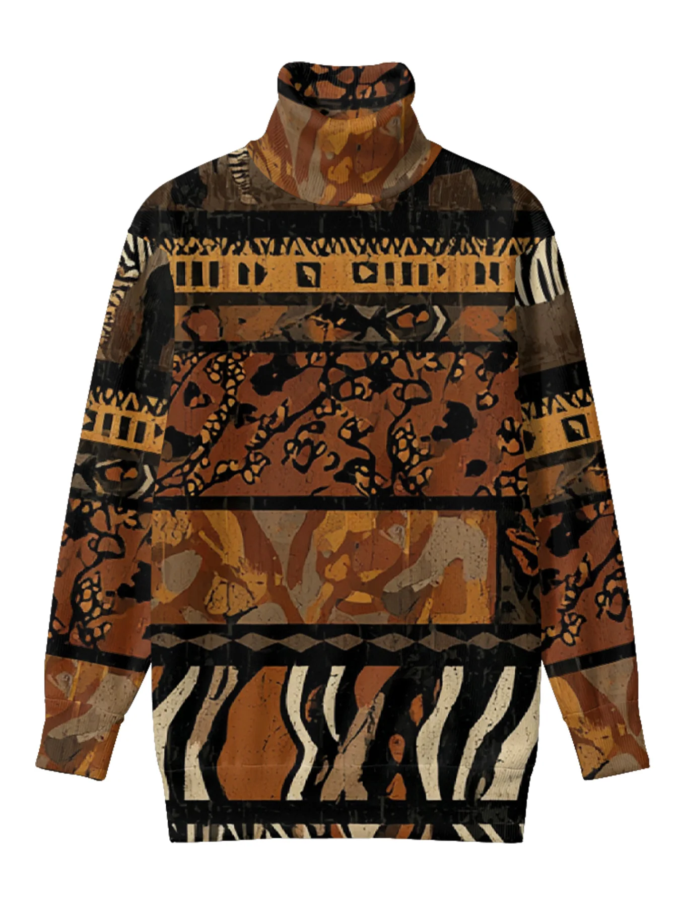 Trendy Multi-Animal Zebra Leopard Fusion Turtleneck Printed Sweater Ethnic Patchwork Wilderness Textured Cultural Winter Fashion