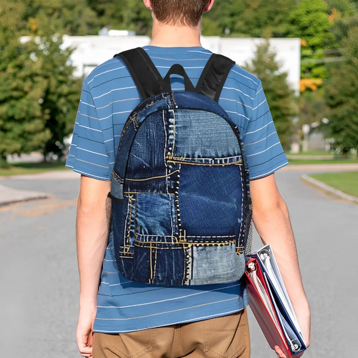 Blue Faux Denim Patchwork Quilt Design Backpack Student BookBag Kids School Bag Computer Shoulder Bags for Boys Girls