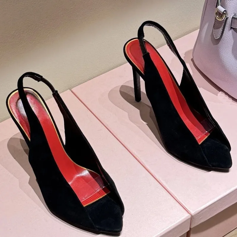 Spring and summer new pointed fish mouth suede sexy sandals for banquet dress, large size slim heel high-heeled women's shoes