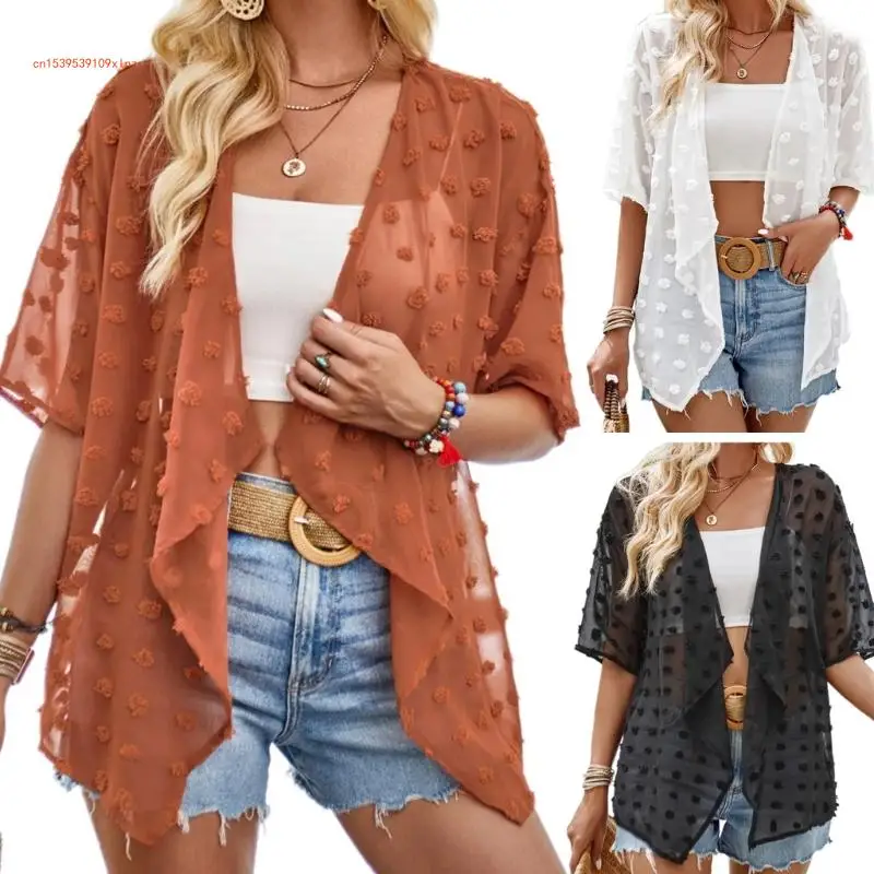 

Women Hair Ball Sheer Open Front Lightweight Cardigans Half Sleeve Blouses Casual Loose Beach Cover Up Shawl Wrap