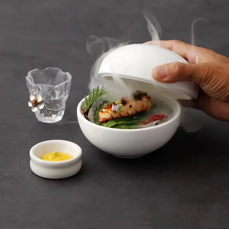 Ceramic Tableware Solid Color White Spherical Dessert Bowl with Lid Detachable Semi-circular Bowl French Molecular Cooking Plate