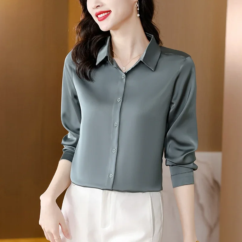 Spring New Shirts for Women Satin Long Sleeve Blouse Office Lady Fashion Shirts Silk Women Shirt OL Elegant Blouses Ladies Tops