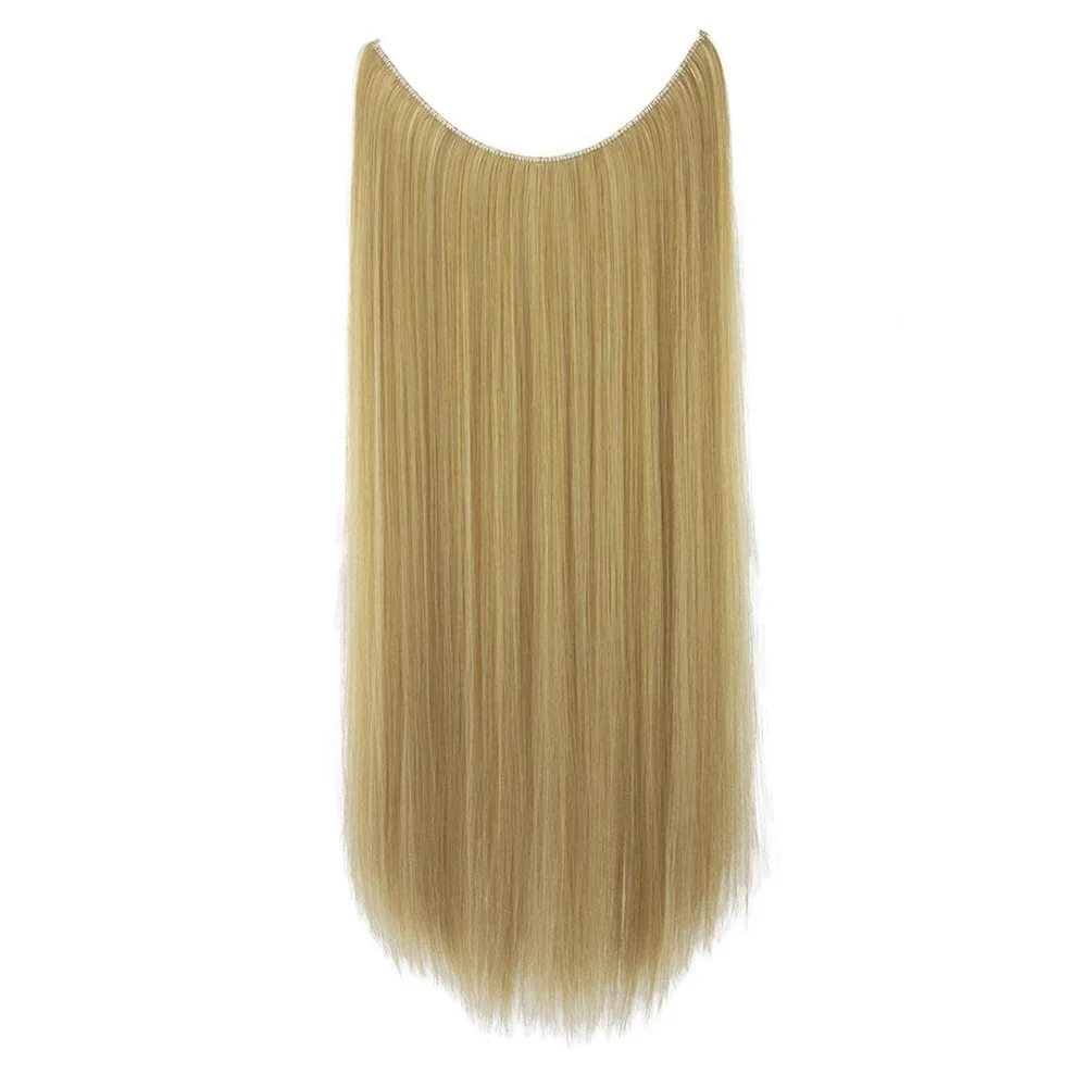 22'' 26'' Long Straight Blonde Synthetic Halo Hair Extensions Fish Line Invisible Hairpiece Extension Fake Hair for Girls