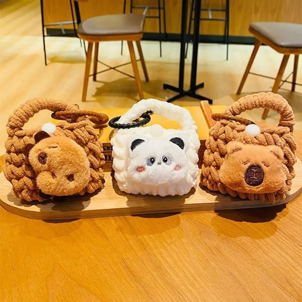 Cute Plush Capybara Keychain Knitted Earphone Bag Cartoon Animal Stuffed School Bag Pendant Backpack Decoration Doll