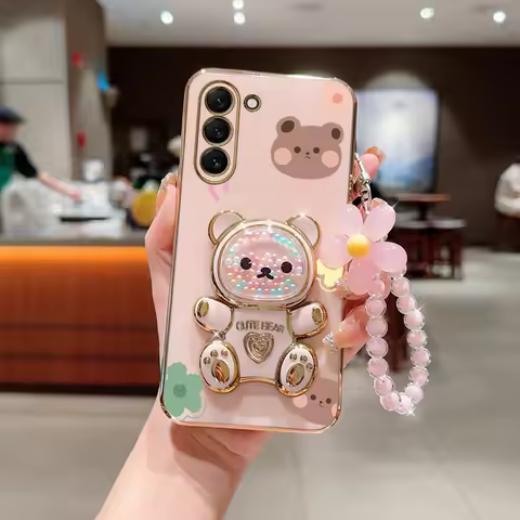 Flower Strap Lanyard Cute Bear Phone Holder Case On For Samsung Galaxy S24 S8 S9 S10 S20 S21 S22 S23 Ultra Plus FE Stand Cover
