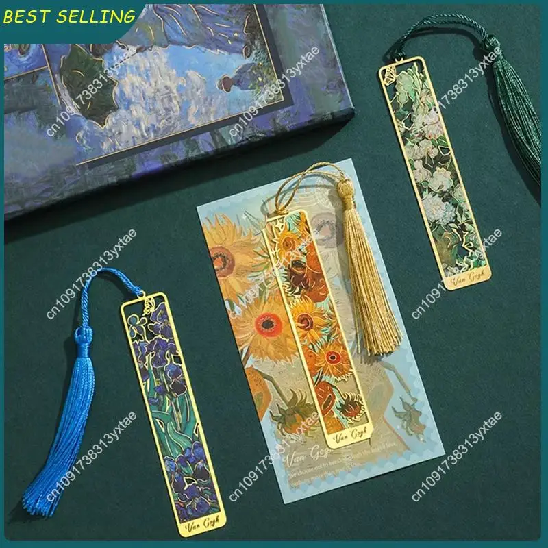 N09R-Painted Metal Bookmarks Hollow Gold Printed Bookmarks Stationery Gift Withtassels