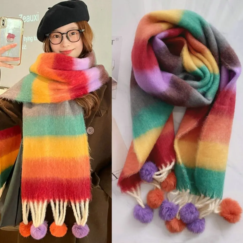 New Rainbow Color Scarf Shawl Long Tassels Colorful Plaid Keep Warm Blanke Autumn Winter Sweet Pashmina Scarves for Women