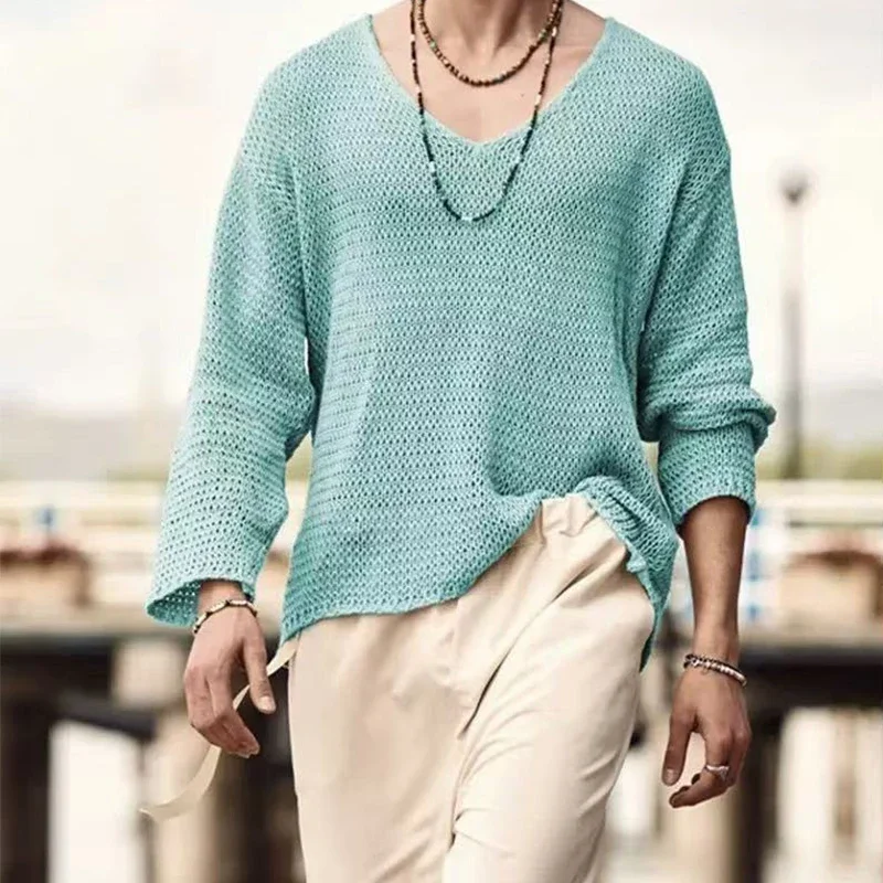 Men's Loose Long Sleeve Casual Hollow Knitted Sweater 2025 Fashion Versatile Outer Shirt Casual Top