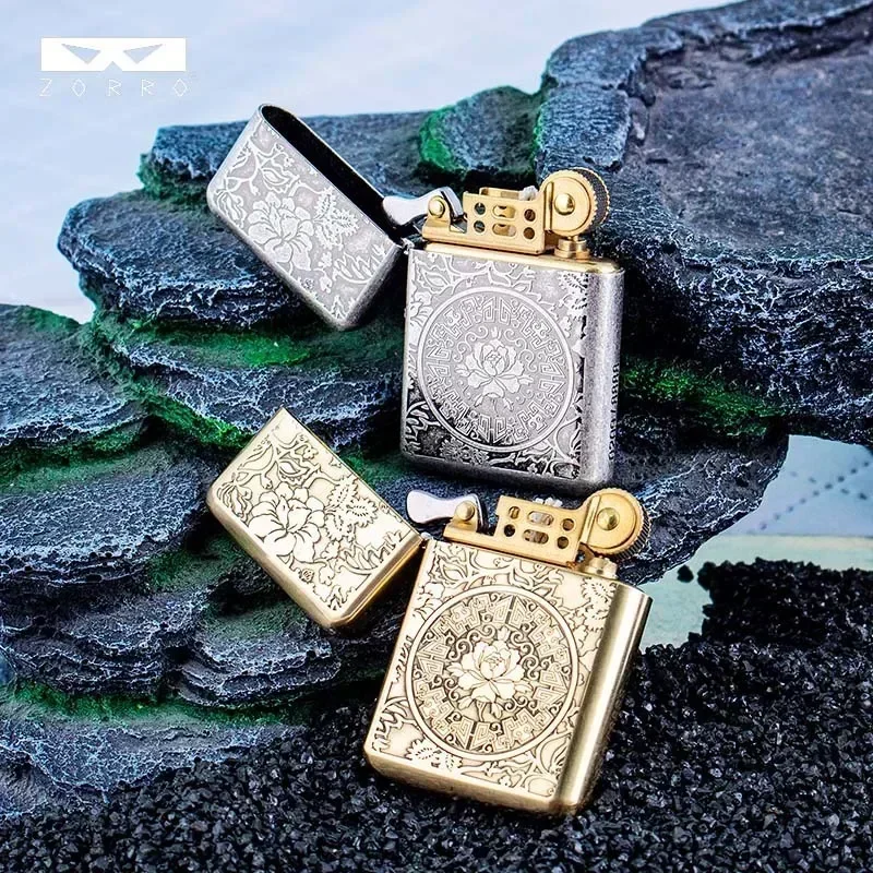ZORRO Brass Double sided Hand carved Windproof Kerosene Lighter Personalized Retro Collection Wheel ignition Lighters Smoking