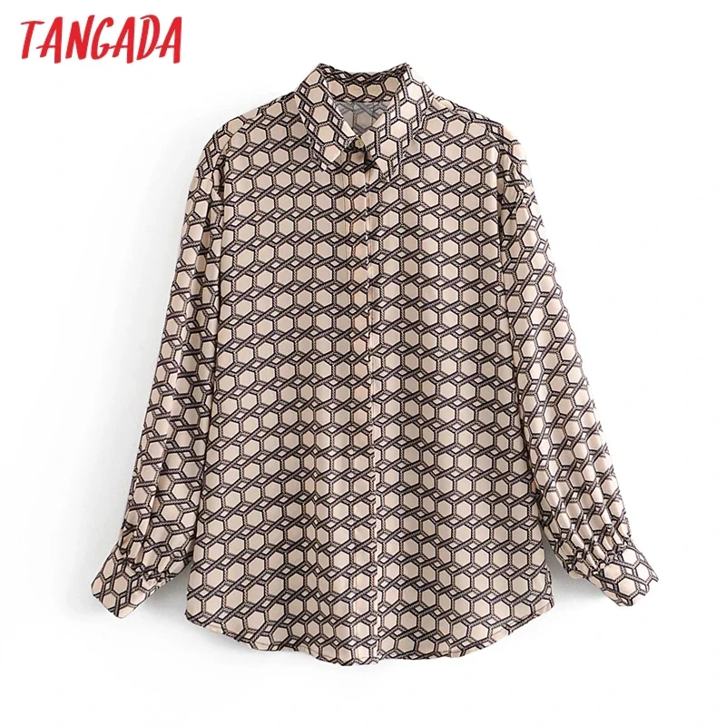 Tangada Women Retro Oversized Chain Print Blouse Long Sleeve Chic Female Elegant Shirt Blusas Femininas 3A104