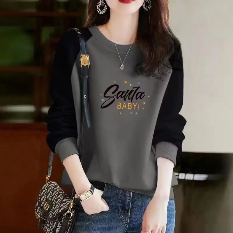 Autumn and Winter Women\'s Pullover Round Neck Letter Print Plush Thick Contrast Long Sleeve Hoodies Loose Fashion Casual Tops