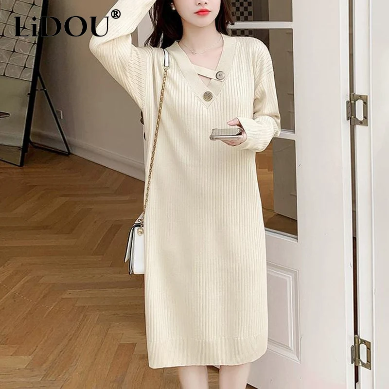 

Autumn Winter Solid Color Fashion Long Sleeve Knitted Dress Women High Street Casual Hollow Out Embroidered Flares Midi Dresses