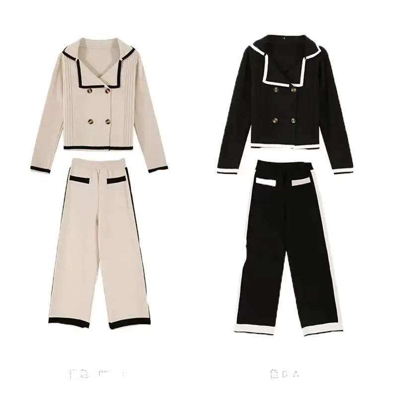 Autumn Thin Knitted Tracksuit Two Pieces Sets Ladies Loose Double-breasted Cardigan + Elastic Long Pants OL Sweater Suits Outfit