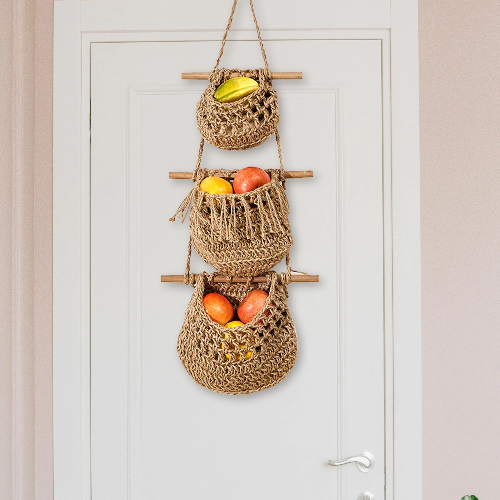 

3 Tier Hanging Fruit Basket Wall Mounted Kitchen Organizer Handwoven Space Saving Vegetable Storage Basket Vegetable Holder