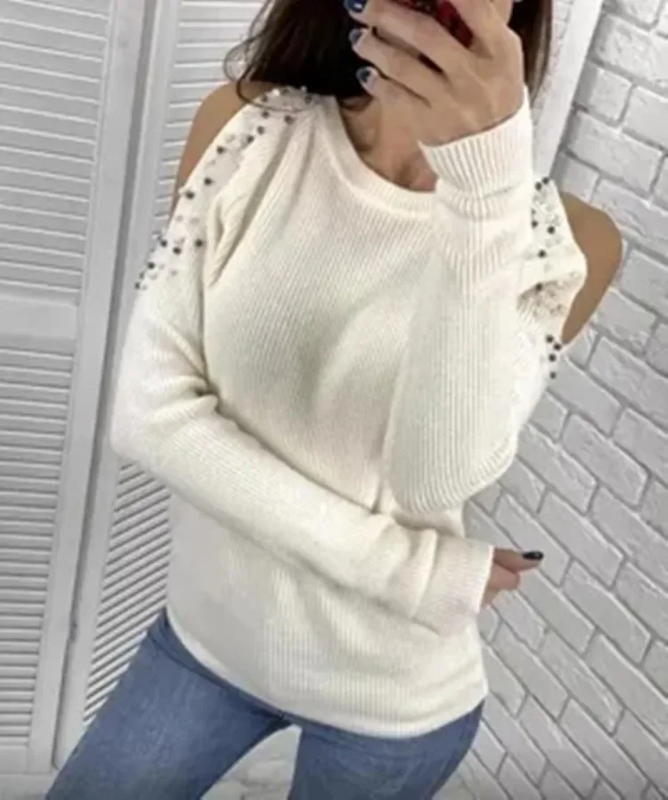 2023 Autumn Winter Solid Color Beaded O Neck Long-Sleeved Knit Pullover Off Shoulder Knitted Sweater Female Bottom Pullovers top