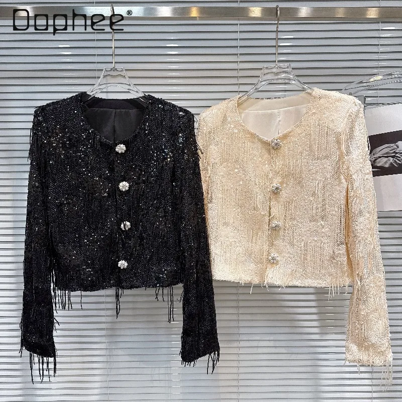 2026 Spring New High-end Sequin Tassel Pearl Button Long-sleeve Cropped Jacket French Elegant Style Round Neck Loose Slim Coat