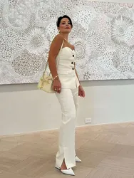 HH Office Lady Elegant Solid Pant Sets For Women Off Shoulder Sleeveless Tube Top+Side Slit Wide Leg Pants 2024 Casual Suit