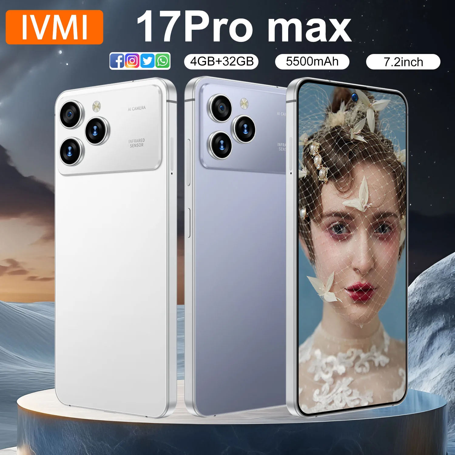 IVMI 17Pro Max Smartphone 4GB+32GB ROM 7.2-inch HD+Screen Android12.0 8+16MP 5500mAh Mobile