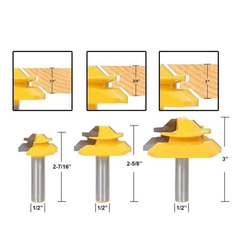 3pcs 12mm Shank 45 Degree Lock Miter Bits Glue Joint Set 1/2