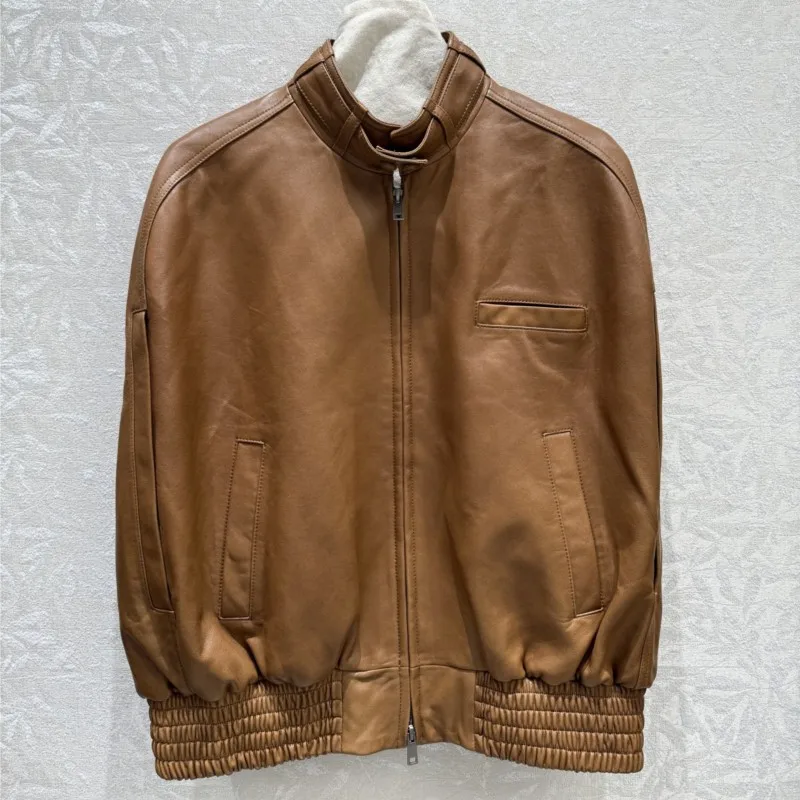 Real leather Vintage Brown Leather Bomber Jacket Women Oversized Stand Collar Shoulder Biker Coat Loose Casual Streetwear Biker