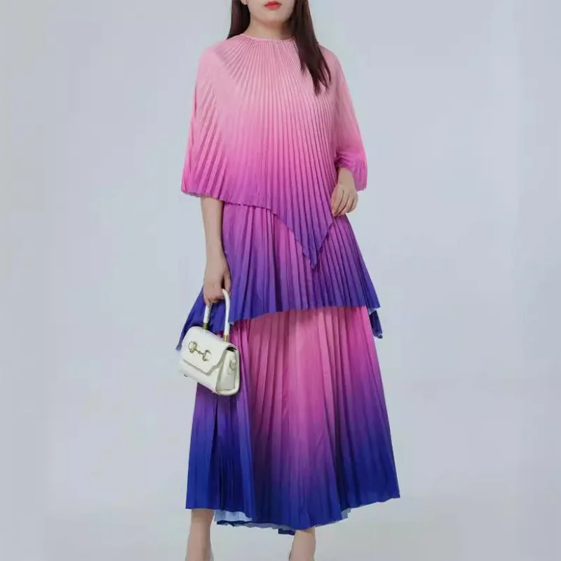 Vrouwen Print Tweedelige Rok Sets Losse A-lijn Gradiënt Pakken Onregelmatige Tops Ronde Hals Casual Splice Lange Rokken Dame Zomer