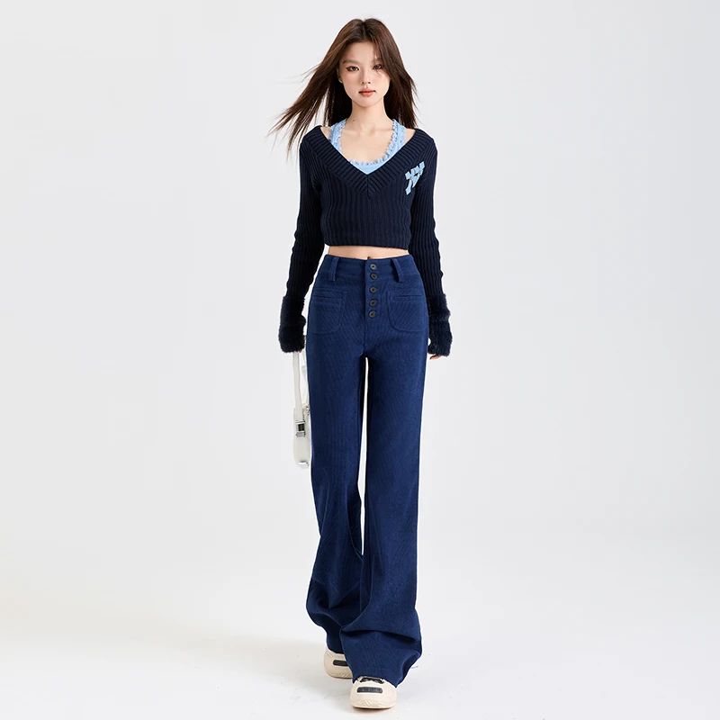 Francuskie spodnie retro z ciemnoniebieskiego sztruksu, lekko rozszerzane, dla kobiet na jesień i zimę 2025, małe i ekskluzywne długie spodnie.