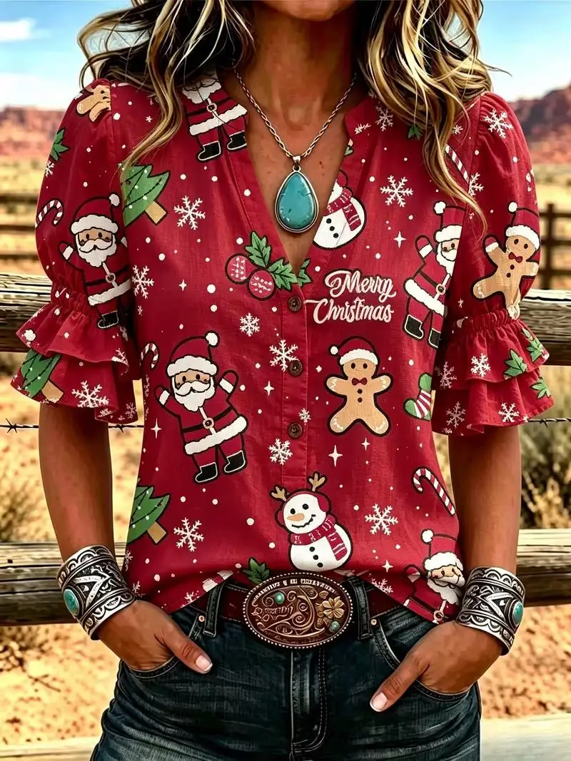 Women Short Sleeve Shirt Christmas Snowflake Plaid Print V Neck Ruffle Cuff Holiday Top Women's Clothes