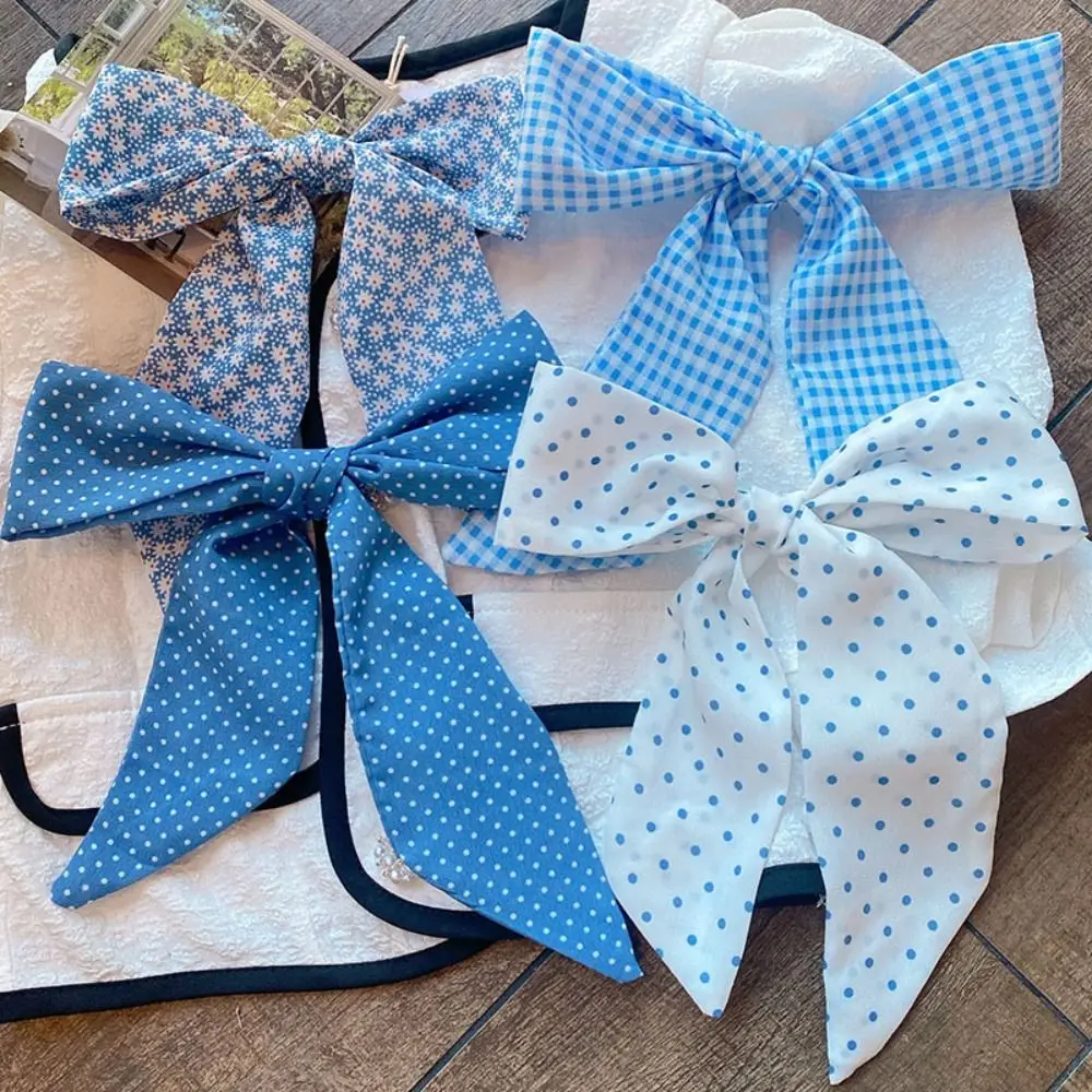 

Polka Dot Light Blue Series Hair Band Flower Dressing Decoration Ribbon Braids Headband Korean Style Plaid Long Neck Scarves