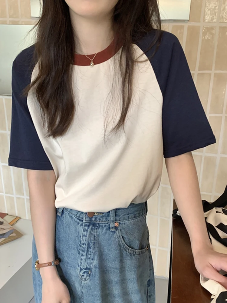 AOSSVIAO Sommer-Tops für Damen, T-Shirt mit Umlegekragen, kurze Ärmel, Beige, Blau, schick, Y2k-Mode, Patchwork, 2026 T-Shirts – Detail 2