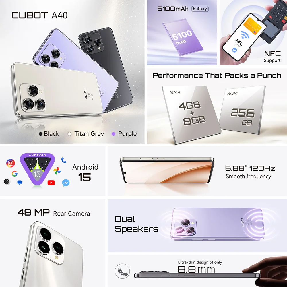 Cubot Smartphone Android 15 A40, 12GB RAM+256GB ROM, 6.88-Inch 120Hz Screen,Octa-core, 48MP Camera, 5100mAh Battery,NFC,Face ID