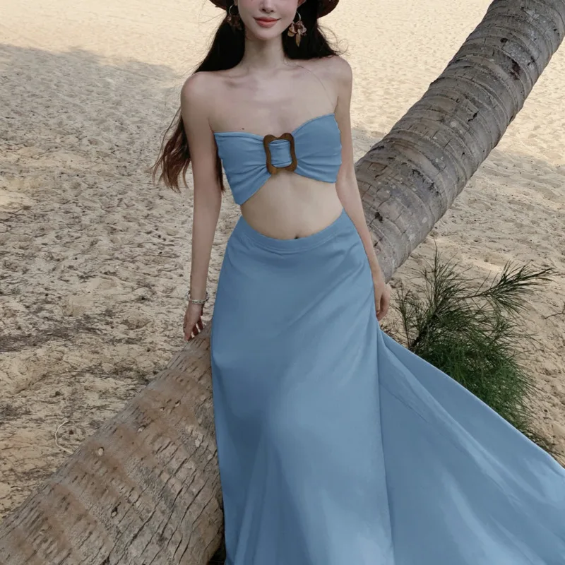 HKSH صيف جديد المرأة المد شيك عطلة الشاطئ نمط مثير حمالة سترة منخفضة الخصر تنورة موضة عادية قطعتين مجموعة HK6369