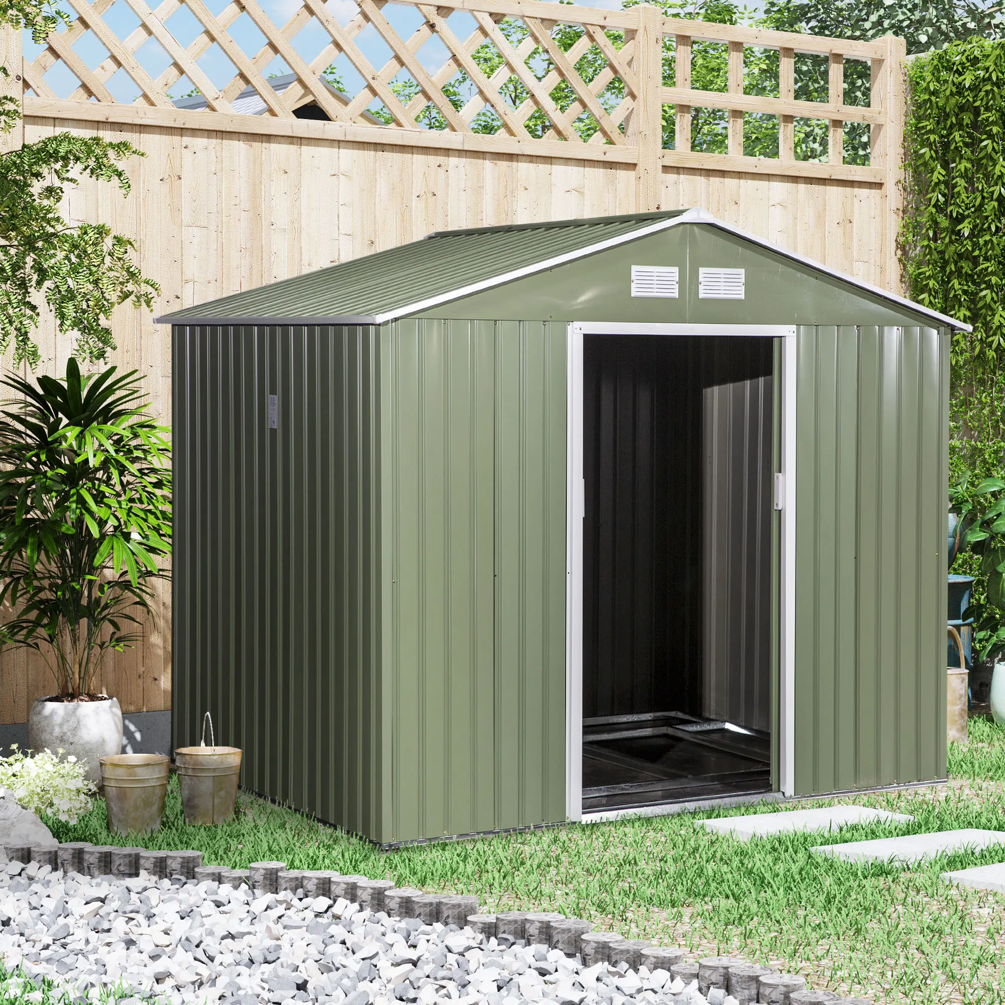 Outsunny Cobertizo de Jardín Exterior Caseta Metálica para Almacenamiento con Base y 4 Ventanas 4,9 m² 277x195x192 cm
