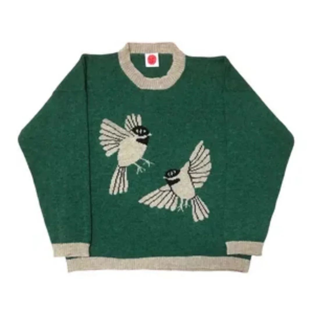 

Вязаный свитер в стиле ретро с зеленой птицей, женский модный осенний топ с круглым вырезом и длинными рукавами в инновационном стиле