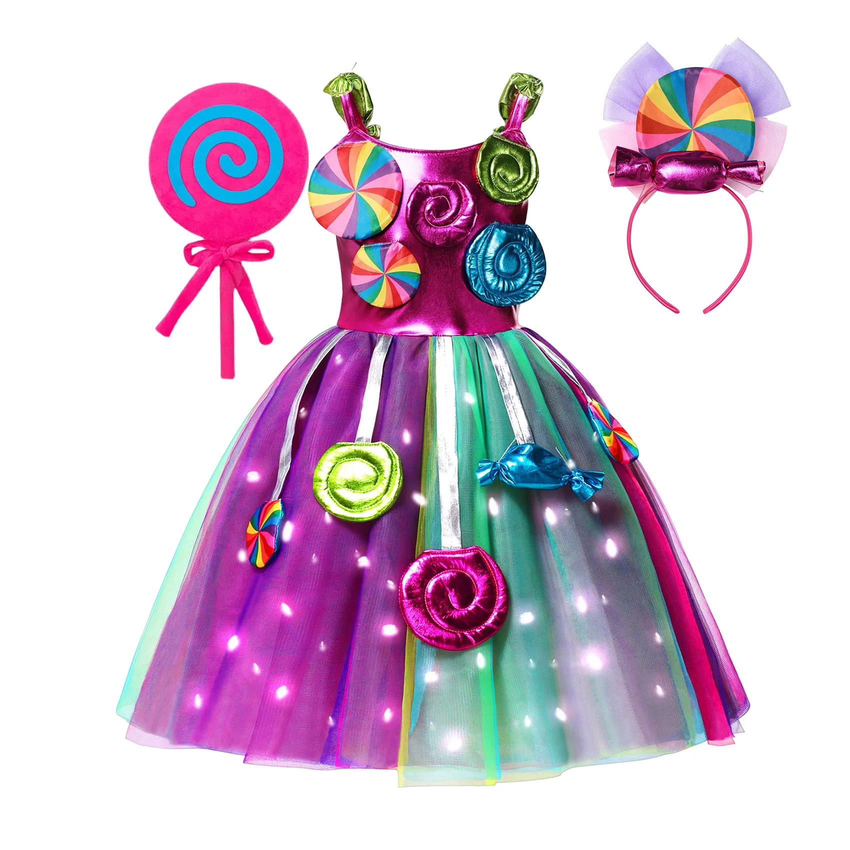 

2024 Girls Carnival Purim Lollipop Toddler Birthday Party Rainbow Tutu Dress with Glowing LED Light Illuminated Cosplay Costume