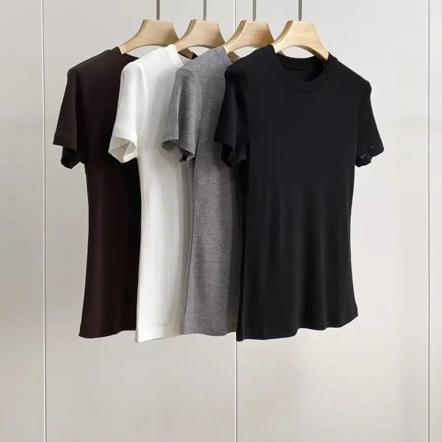 Camiseta de Manga Corta con Cuello Redondo, Ajustada, de Lana y Lycra, Proceso de 18 Agujas, Estilo Coreano, Transpirable, de Poliéster, para Mujer, Verano 2026